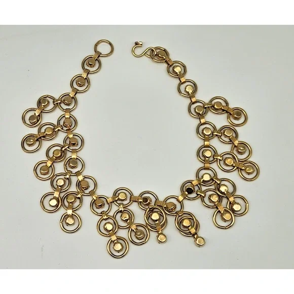 Vintage Statement Gold Circle Link Rhinestone Bib Festoon Collar Necklace